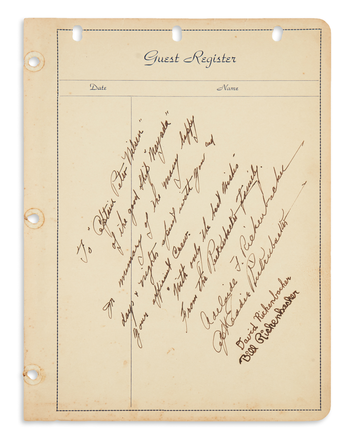 (ALBUM.) Guest book for the yacht Nayada containing over 50 Signatures or autograph inscriptions Signed, by notable guests.